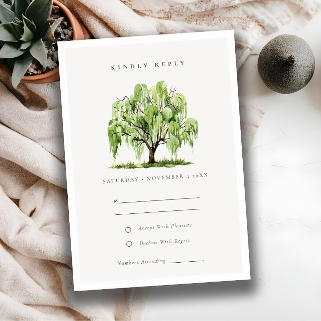 Carte D'accompagnement Aquarelle verte Willow Tree Farm Wedding RSVP (Créateur téléchargé)