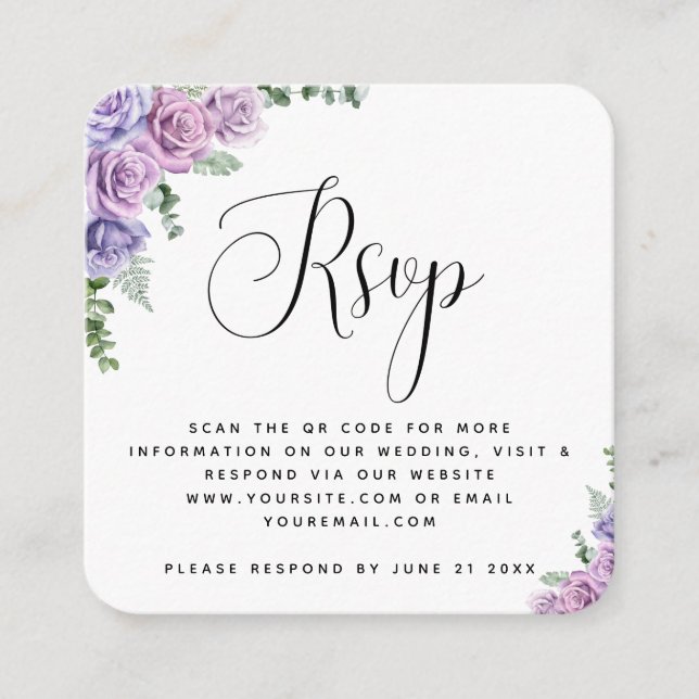Carte D'accompagnement Aquarelle violet Rose Mariage QR Code RSVP Chic (Devant)
