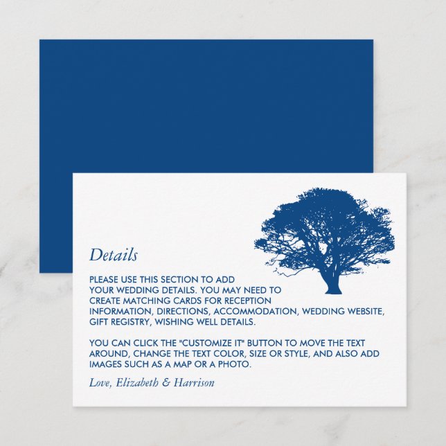 Carte D'accompagnement Arbre de chêne bleu, Mariage rustique/minimaliste  (Devant / Derrière)
