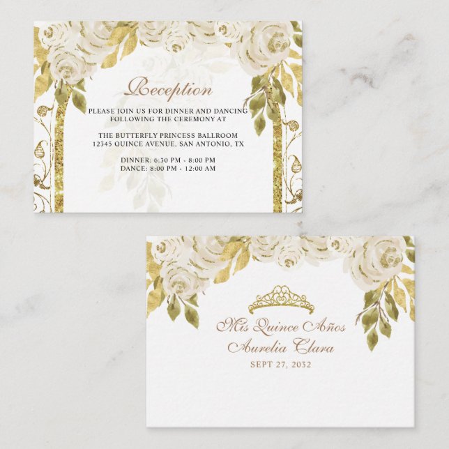 Carte D'accompagnement Arc d'or blanc ivoire floral Quinceañera (Devant / Derrière)
