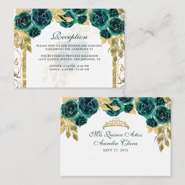 Carte D'accompagnement Arc d'or vert émeraude Floral Quinceañera (Devant / Derrière)