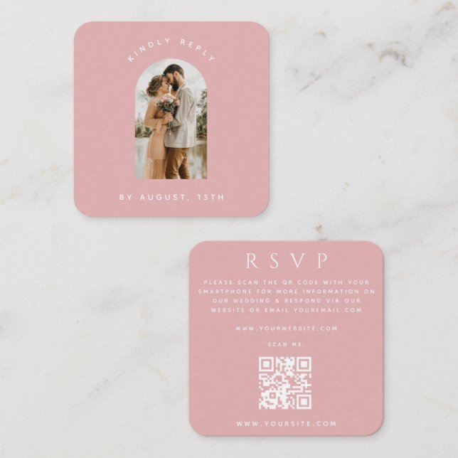 Carte D'accompagnement Arc rose Dusty Photo QR Code Mariage en ligne RSVP (Devant / Derrière)