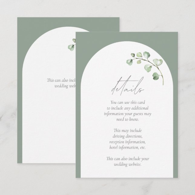 Carte D'accompagnement Arc vert moderne Sage Détails du Mariage botanique (Devant / Derrière)