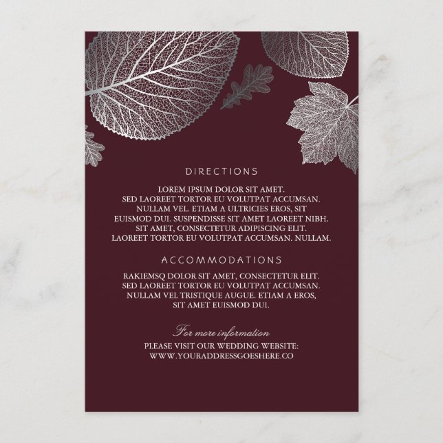 Carte D'accompagnement Argent Feuille Bourgogne Mariage Détails-Informati (Devant)