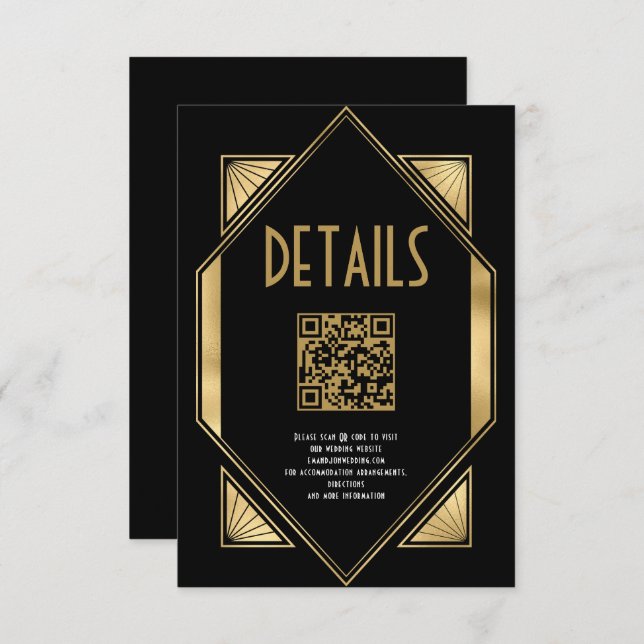 Carte D'accompagnement Art Deco Gold Black QR Code Détails du Mariage (Devant / Derrière)