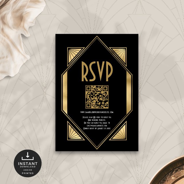 Carte D'accompagnement Art Déco Gold Noir QR Code Mariage RSVP (Créateur téléchargé)