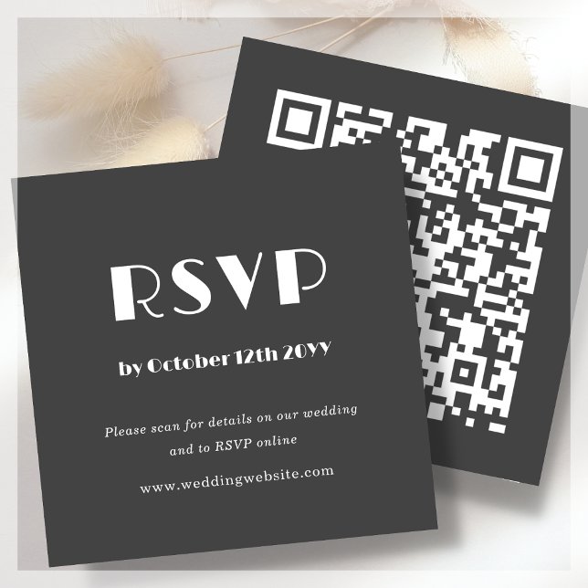 Carte D'accompagnement Art déco gris foncé | Code QR | Mariage RSVP (Créateur téléchargé)