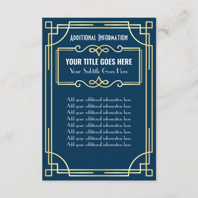Carte D'accompagnement Art Déco Mariage Gold Blue Informations complément (Devant)