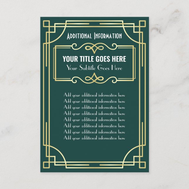 Carte D'accompagnement Art Déco Mariage Gold Green Informations complémen (Devant)