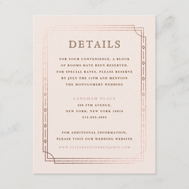Carte D'accompagnement Art déco moderne Blush Rose or Mariage Détails (Devant)