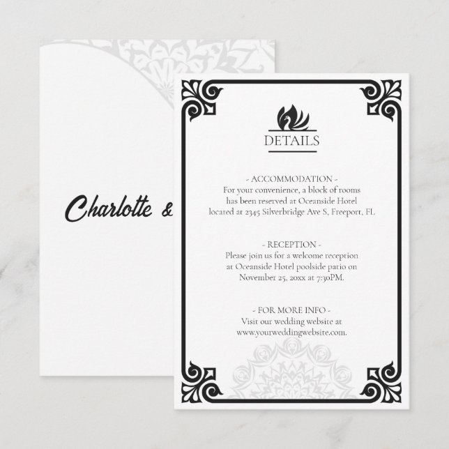 Carte D'accompagnement Art déco moderne Swan noir et blanc Détails (Devant / Derrière)