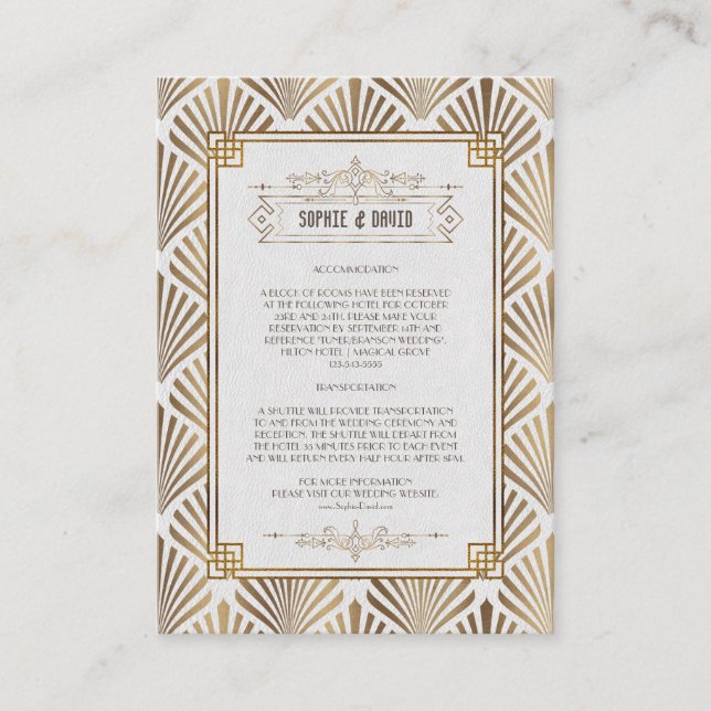 Carte D'accompagnement Art Déco White Gold Gatsby 1920s Détails du Mariag (Devant)