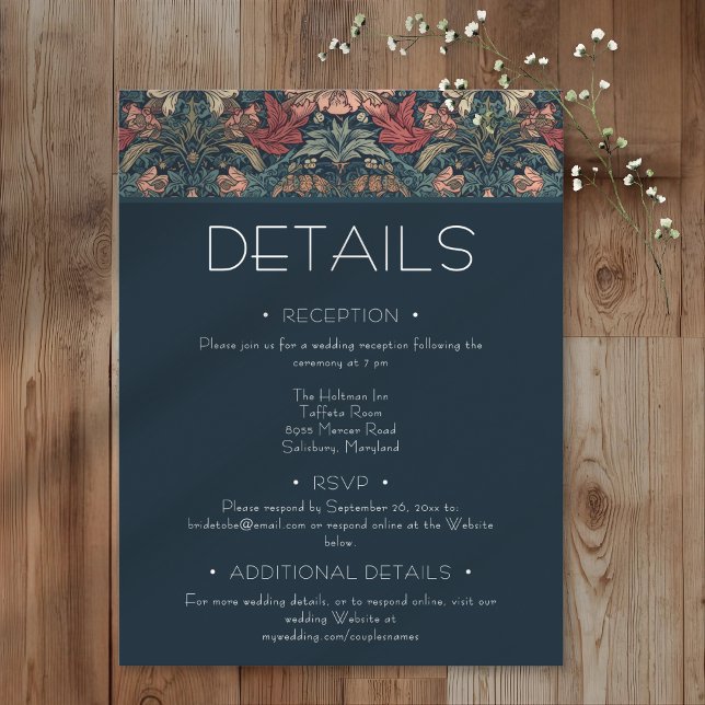 Carte D'accompagnement Art Nouveau Blue William Morris Floral Wedding (Art Nouveau Blue William Morris Floral Wedding Enclosure Card)