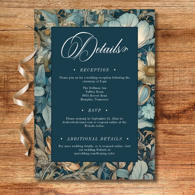 Carte D'accompagnement Art Nouveau Turquoise William Morris Floral Mariag (Art Nouveau Teal William Morris Floral Wedding Enclosure Card)
