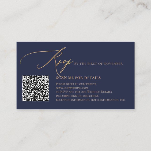 Carte D'accompagnement ArtsApp Blue QR Code RSVP Faux Gold Calligraphy (Devant)
