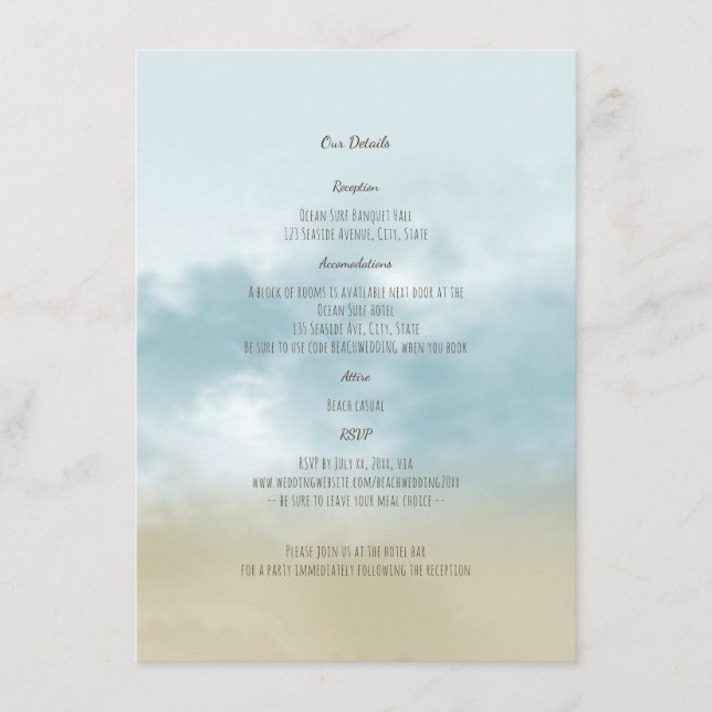 Carte D'accompagnement Au bord de l'océan surf plage détails de mariage (Devant)