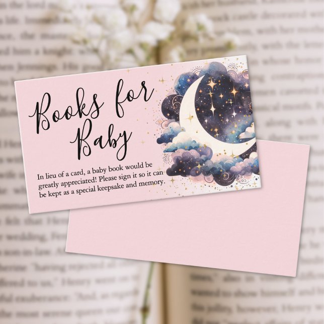 Carte D'accompagnement Au-Dessus Des Livres Rose Lune Pour Le Baby shower (Over The Moon Pink Books For Baby Shower Enclosure Card)