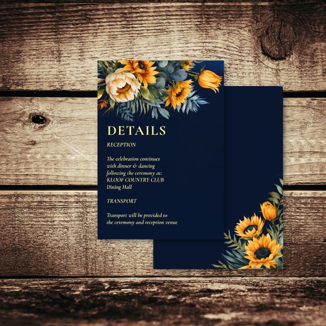 Carte D'accompagnement Automne bleu marine rustique tournesol détails mar (Fall navy blue rustic sunflower wedding details enclosure card invitation suite)