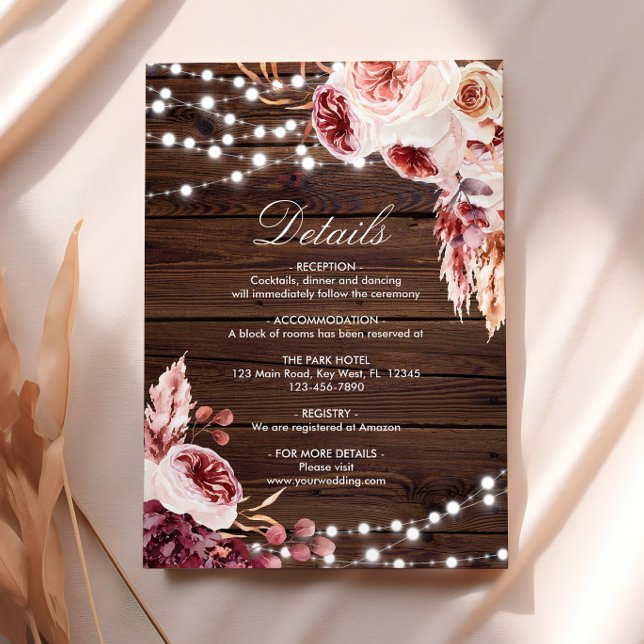 Carte D'accompagnement Automne Bohème Rose Rustique Bois Détails Mariage (Créateur téléchargé)
