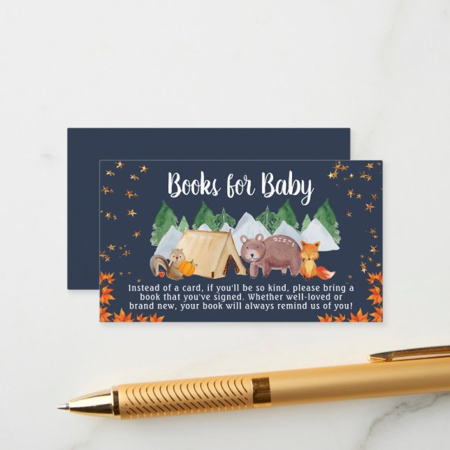 Carte D'accompagnement Automne Bois Animaux Livres Pour Baby shower (Devant/Arrière en situation)