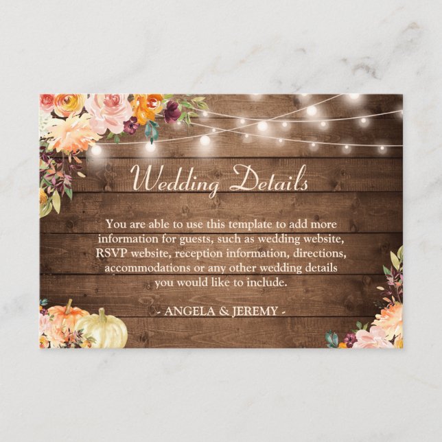 Carte D'accompagnement Automne Floral String Lights Rustic Mariage Détail (Devant)