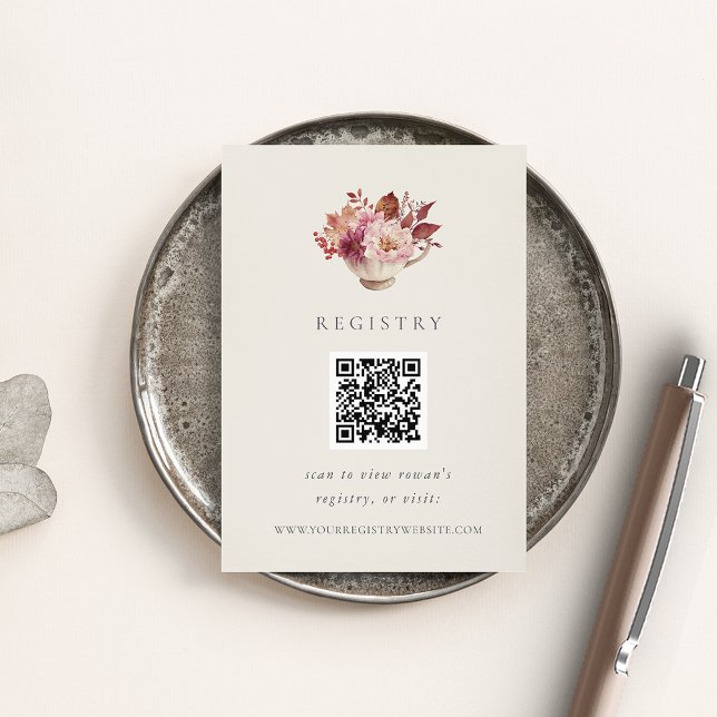 Carte D'accompagnement Automne Floral Teacup Fête des mariées Registre QR (Créateur téléchargé)