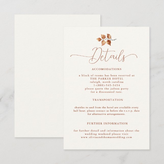 Carte D'accompagnement Autumn Leaves Terracotta Elegant Wedding Détails (Devant / Derrière)