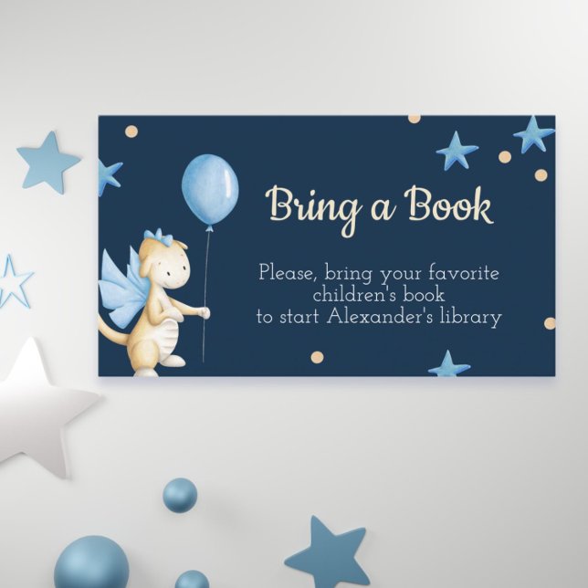 Carte D'accompagnement Baby Boy Dragon avec Balloon Apportez un billet de (Cute dragon baby shower bring a book card)