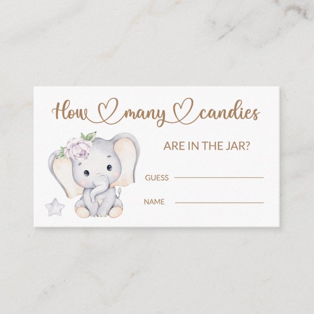 Carte D'accompagnement Baby Elephant Baby shower Devine Combien de bonbon (Devant)