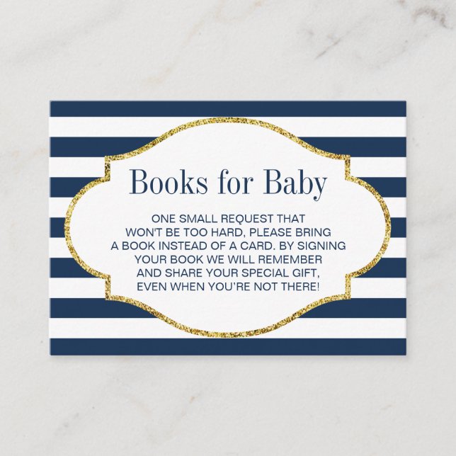 Carte D'accompagnement Baby shower Apporter un livre Marine Bleu Stripes  (Devant)