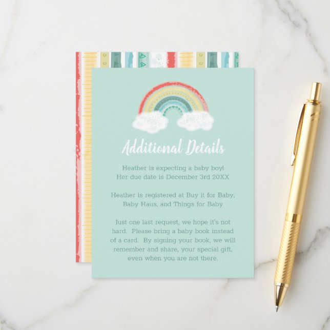 Carte D'accompagnement Baby shower arc-en-ciel Boho (Devant/Arrière en situation)