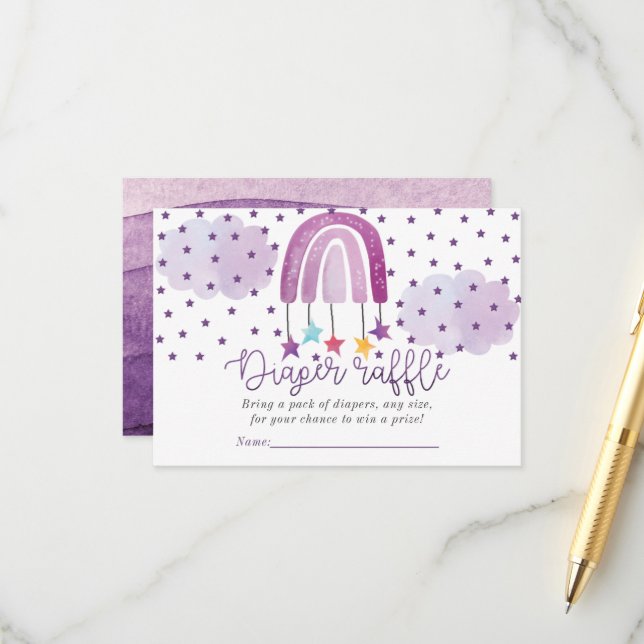 Carte D'accompagnement Baby shower arc-en-ciel violet tombole de couches (Devant/Arrière en situation)