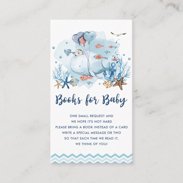 Carte D'accompagnement Baby shower bleu baleine nautique Apportez un livr (Devant)