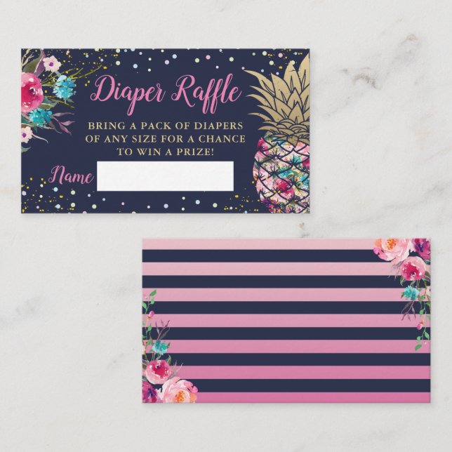 Carte D'accompagnement Baby shower bleu marine rose ananas Raffle de couc (Devant / Derrière)