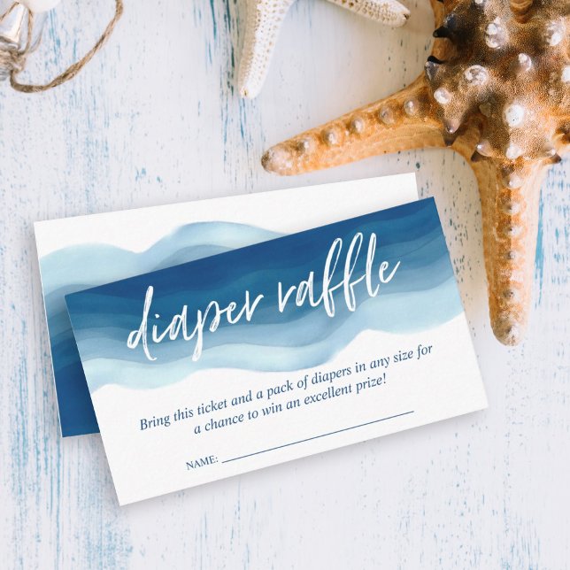 Carte D'accompagnement Baby shower Blue Ombre Aquarelle Déchets Raffle (This nautical design features a watercolor blue ombre background with diaper raffle script.
)