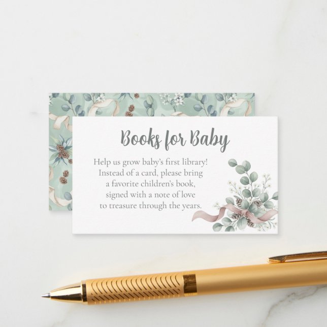 Carte D'accompagnement Baby Shower Book Request - Eucalyptus Ribbon (Devant/Arrière en situation)