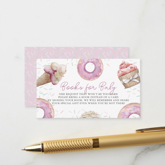 Carte D'accompagnement Baby shower Cupcake Rose & Donut Demande de réserv (Devant/Arrière en situation)