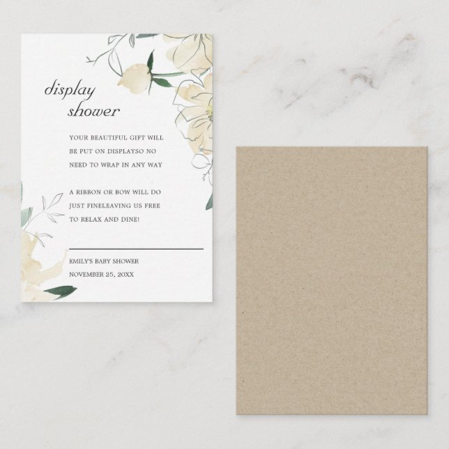 Carte D'accompagnement Baby shower D'AFFICHAGE FLORAL VERT BLANC EN IVOIR (Devant / Derrière)