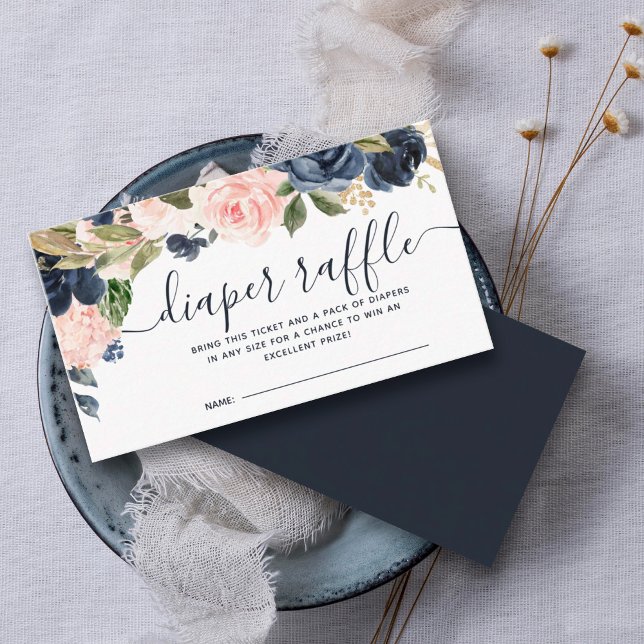 Carte D'accompagnement Baby shower de caleçon bleu marine bleu floral ble (A diaper raffle is in addition to a gift, guests bring a pack of diapers to enter to win a prize.)