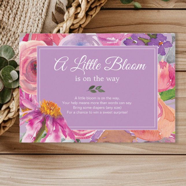 Carte D'accompagnement Baby shower de carafe de papier rose violet (Pink and purple watercolor floral Diaper Raffle enclosure card)