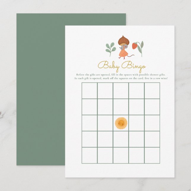 Carte D'accompagnement Baby shower de champignons de bois Jeu Bingo bébé (Devant / Derrière)