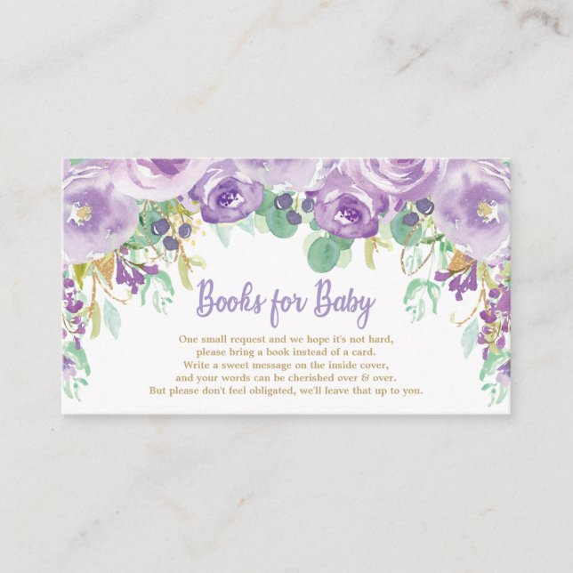 Carte D'accompagnement Baby shower de fleurs violettes Apportez un livre (Devant)