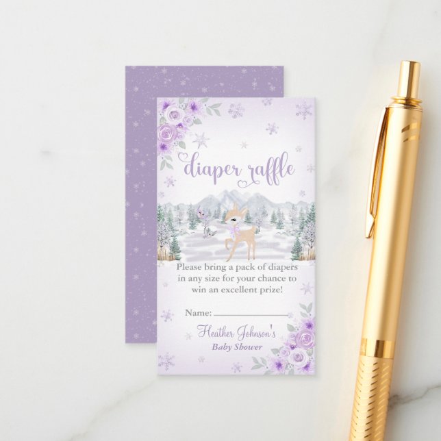 Carte D'accompagnement Baby shower de Flocon de neige violet de cerf d'hi (Devant/Arrière en situation)