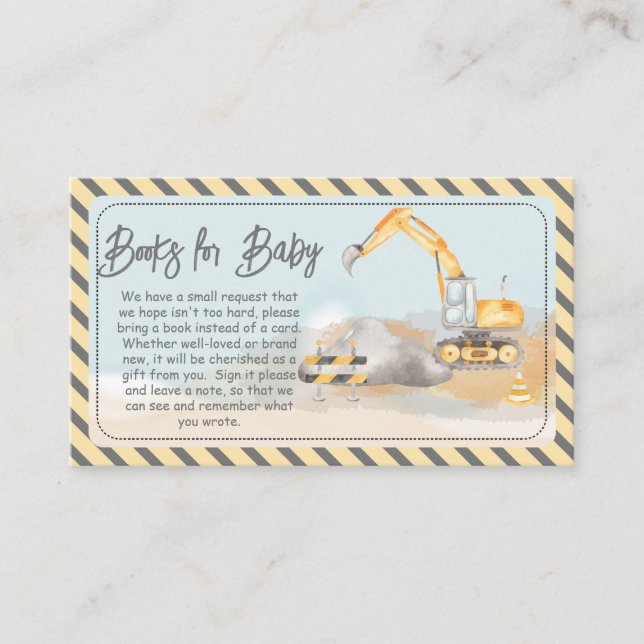 Carte D'accompagnement Baby shower de l'excavateur de construction Livres (Devant)