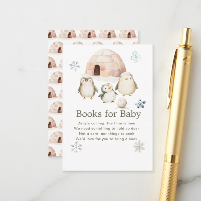 Carte D'accompagnement Baby shower de pingouins d'hiver mignons Livres po (Devant/Arrière en situation)