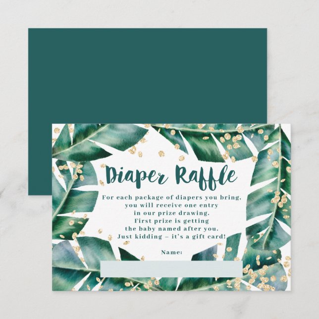 Carte D'accompagnement Baby shower de tombola à feuille tropicale en or (Devant / Derrière)