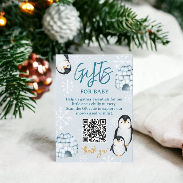 Carte D'accompagnement Baby shower de tombola de manchot d'hiver (Winter penguin igloos diaper raffle baby shower enclosure card)