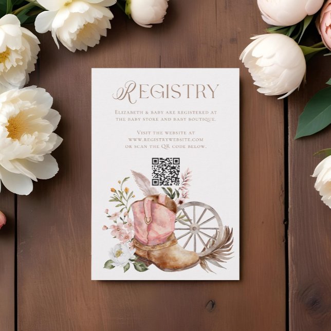 Carte D'accompagnement Baby shower d'enregistrement de code QR de l'amorç (Pink Cowgirl Boot QR Code Registry Baby Shower Enclosure Card)