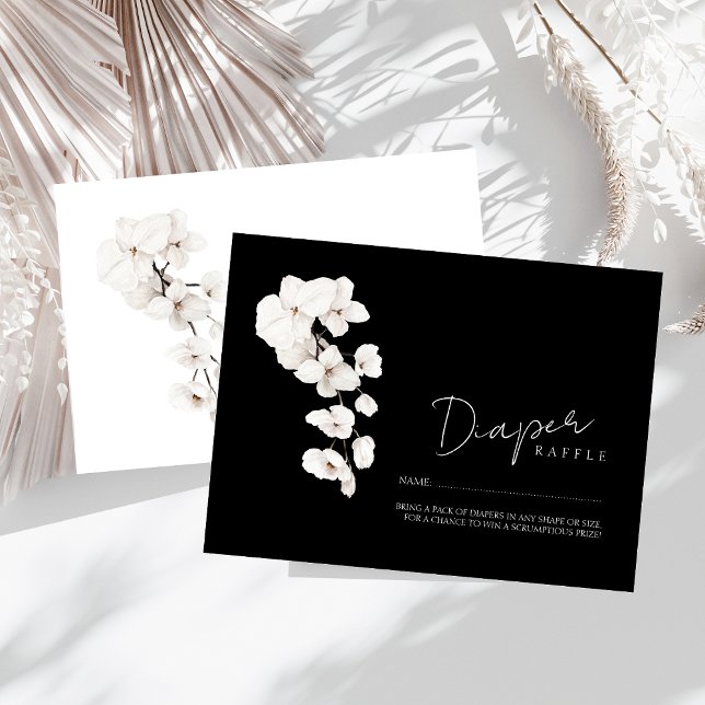 Carte D'accompagnement Baby shower d'orchidées noires et blanches (Modern Black and White Orchids Flowers Baby Shower Diaper Raffle Enclosure Card)