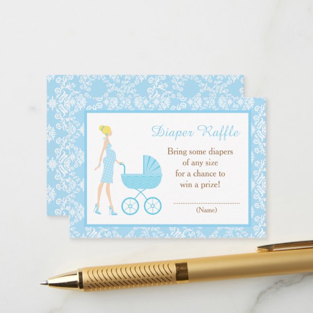 Carte D'accompagnement Baby shower femme bleu Damask Blonde (Devant/Arrière en situation)